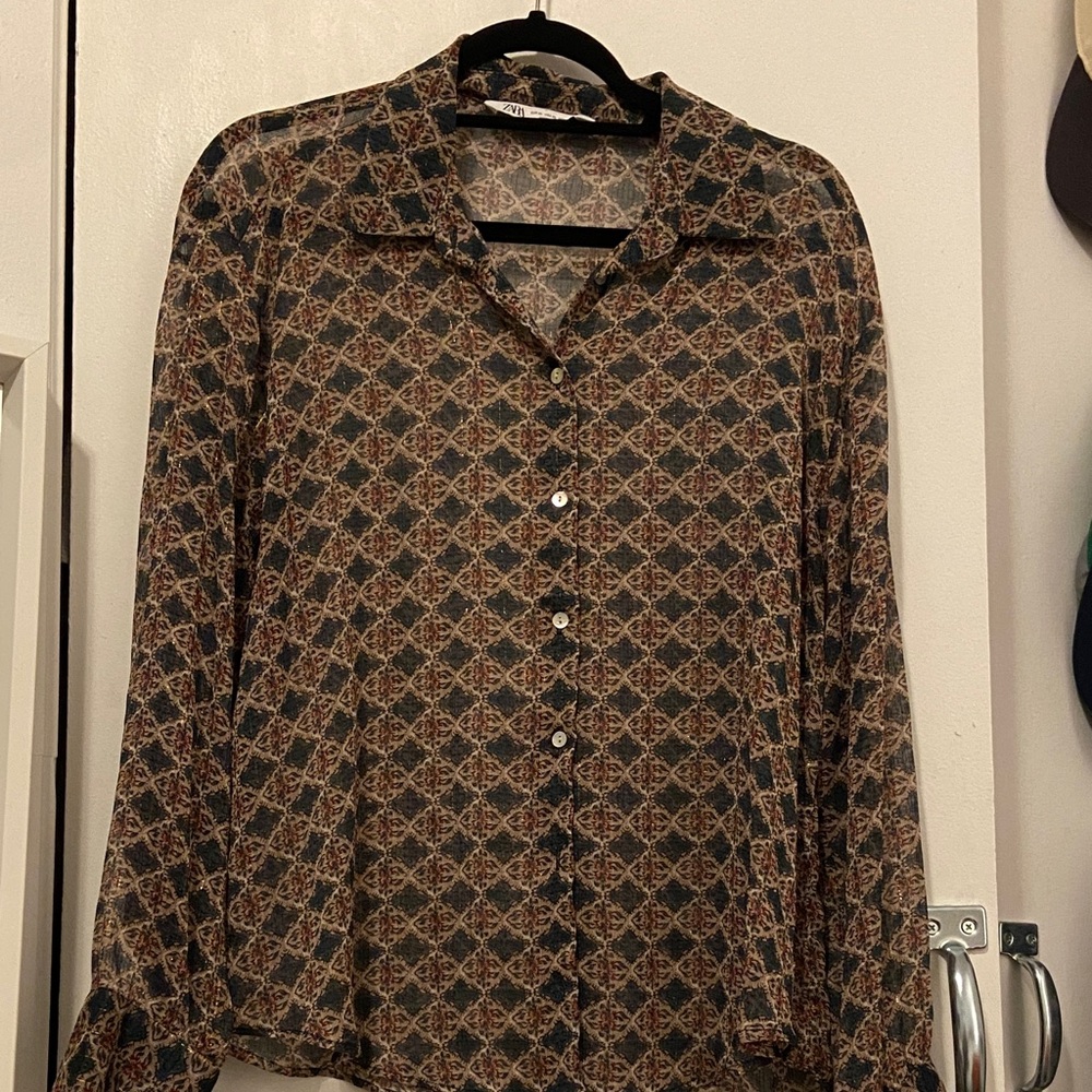 Zara Geometric Button Down Shirt - Black and Brown